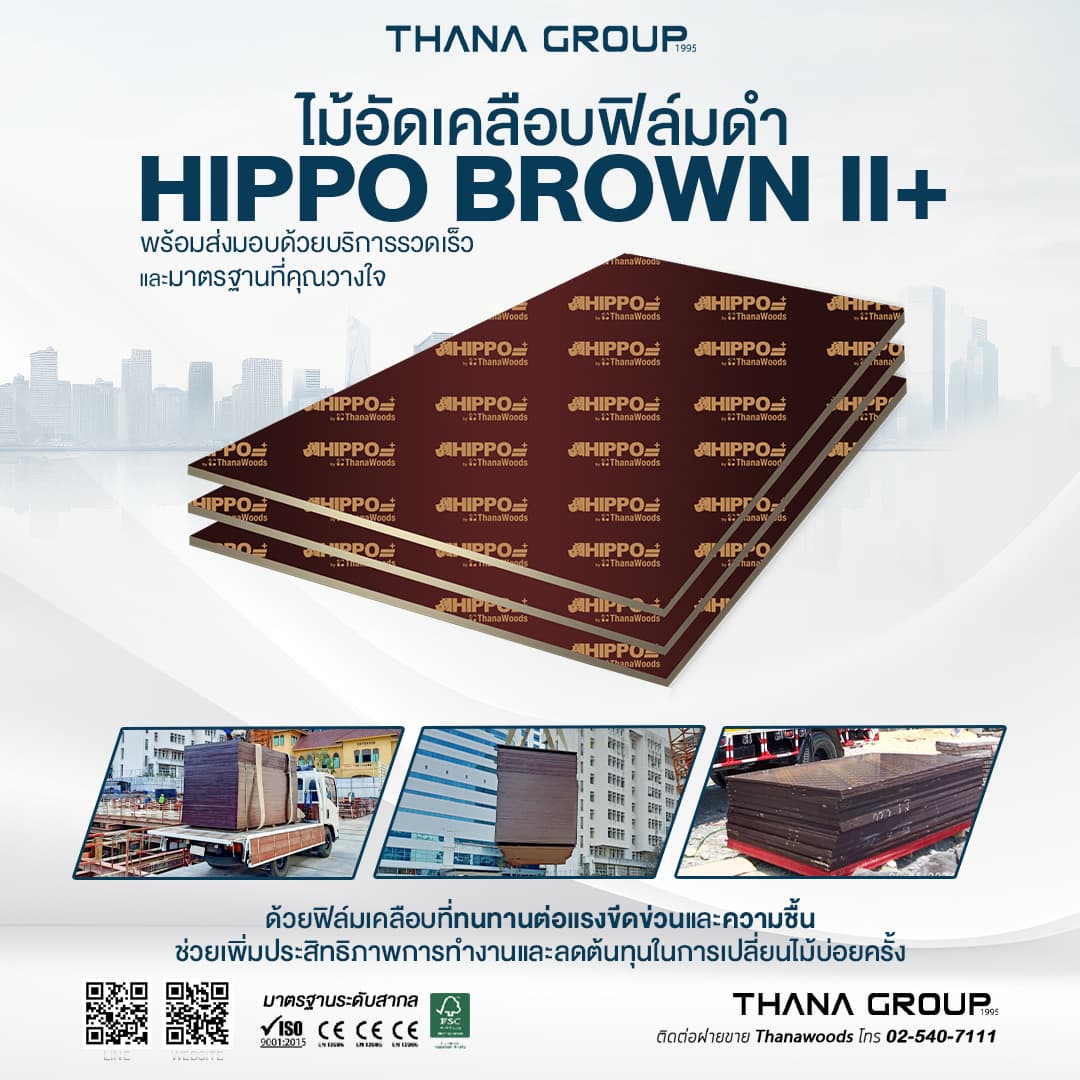 ไม้อัด HIPPO BROWN II+ จาก Thanawoods — เลือกไม้อัดคุณภาพ เหมาะทั้งงานโครงสร้างและงานบิวท์อิน